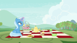 Size: 656x368 | Tagged: safe, screencap, trixie, pony, g4, season 9, student counsel, animated, apple, apple tree, cloud, cup, female, food, gif, perfect loop, picnic blanket, sandwich, solo, teacup, teapot, tree, unamused