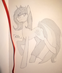 Size: 2622x3102 | Tagged: safe, artist:alicetriestodraw, oc, oc only, oc:dawn glow, pony, unicorn, glasses, high res, mixed media, sketchbook, solo, traditional art, walking