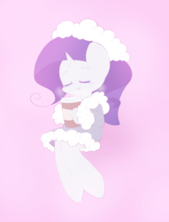 Size: 770x1008 | Tagged: safe, artist:typhwosion, rarity, pony, unicorn, g4, clothes, coffee cup, cup, cute, eyes closed, female, jacket, mare, pink background, raribetes, simple background, solo, winter outfit