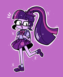 Size: 629x765 | Tagged: safe, artist:typhwosion, sci-twi, twilight sparkle, equestria girls, equestria girls series, g4, backpack, bowtie, clothes, cute, female, glasses, open mouth, ponytail, purple background, shoes, simple background, skirt, smiling, socks, solo, twiabetes