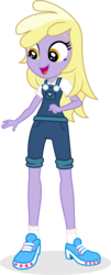 Size: 528x1306 | Tagged: safe, artist:punzil504, dinky hooves, equestria girls, g4, clothes, clothes swap, cute, dinkabetes, equestria girls-ified, female, open mouth, overalls, shirt, shoes, shorts, simple background, socks, solo, t-shirt, transparent background