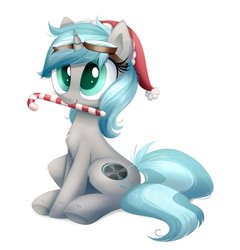 Size: 985x1024 | Tagged: safe, artist:confetticakez, oc, oc only, oc:rym, pony, unicorn, candy, candy cane, chest fluff, christmas, clothes, cute, female, festive, fluffy, food, goggles, hat, holiday, mare, mouth hold, ocbetes, santa hat, simple background, sitting, solo, white background, ych example, ych result