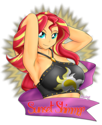Size: 1350x1650 | Tagged: safe, artist:ukyodragoon, sunset shimmer, equestria girls, g4, my little pony equestria girls: better together, abstract background, arm behind head, armpits, bedroom eyes, big breasts, bikini, bikini top, breasts, bust, busty sunset shimmer, clothes, female, looking at you, solo, summer sunset, swimsuit
