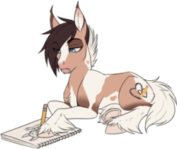 Size: 305x256 | Tagged: safe, artist:askbubblelee, oc, oc only, oc:trots n socks, bat pony, earth pony, pony, animated, animated png, bat pony oc, book, digital art, drawing, eye clipping through hair, eyebrows, eyebrows visible through hair, female, frown, looking down, mare, pencil, ponysona, prone, simple background, sketchbook, solo, transparent background
