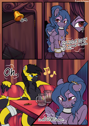 Size: 2893x4092 | Tagged: safe, artist:breloomsgarden, oc, oc only, oc:bangtail, oc:jet brasshide, dracony, dragon, hybrid, pegasus, pony, comic:exception to the rule, alcohol, comic, duo, piercing, racism