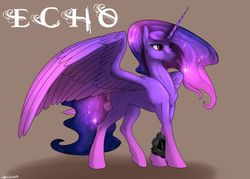Size: 1024x732 | Tagged: safe, artist:backlash91, oc, oc only, oc:echo (the chrysalis), alicorn, pony, fallout equestria, fanfic:fallout equestria: the chrysalis, alicorn oc, artificial alicorn, brown background, concave belly, ethereal mane, fanfic, fanfic art, fit, horn, muscles, pipbuck, purple alicorn (fo:e), simple background, slender, solo, starry mane, thin
