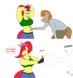 Size: 1280x1380 | Tagged: safe, artist:matchstickman, apple bloom, oc, unnamed oc, earth pony, anthro, matchstickman's apple brawn series, tumblr:where the apple blossoms, g4, abs, anthro oc, apple bloom's bow, apple brawn, arm behind head, armpits, biceps, bow, breasts, busty apple bloom, clothes, comic, crash, deltoids, duo, eyes closed, female, fingerless gloves, gloves, hair bow, jeans, laughing, male, mare, muscles, older, older apple bloom, onomatopoeia, pants, pushing, shirt, simple background, speech bubble, sports bra, stallion, tickling, tumblr comic, white background