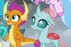 Size: 435x291 | Tagged: safe, screencap, ocellus, smolder, changedling, changeling, dragon, g4, the ending of the end, cropped, cute, diaocelles, duo focus, offscreen character, smolderbetes