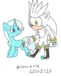 Size: 1014x1263 | Tagged: safe, artist:cmara, trixie, g4, crossover, male, silver the hedgehog, sonic the hedgehog, sonic the hedgehog (series), traditional art
