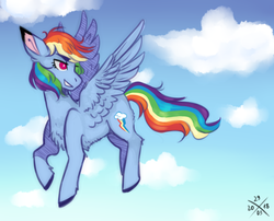 Size: 2100x1700 | Tagged: safe, artist:mintpencil, rainbow dash, pegasus, pony, g4, belly fluff, chest fluff, cloud, colored ears, colored hooves, female, flying, leg fluff, mare, sky, solo