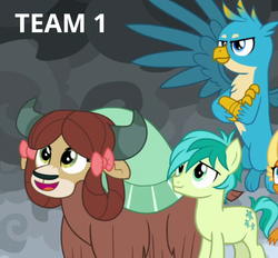 Size: 602x558 | Tagged: safe, edit, edited screencap, screencap, gallus, sandbar, smolder, yona, dragon, griffon, pony, yak, g4, the ending of the end, cropped, group, offscreen character, quartet, size difference, text, trio focus