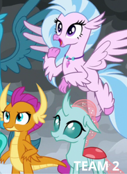Size: 410x560 | Tagged: safe, edit, edited screencap, screencap, gallus, ocellus, sandbar, silverstream, smolder, changedling, changeling, griffon, hippogriff, g4, the ending of the end, cropped, cute, diaocelles, diastreamies, group, offscreen character, quartet, smolderbetes, text, trio focus