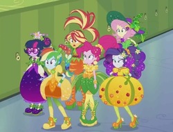 Size: 749x569 | Tagged: safe, screencap, fluttershy, pinkie pie, rainbow dash, rarity, sci-twi, sunset shimmer, twilight sparkle, equestria girls, equestria girls specials, g4, my little pony equestria girls: better together, my little pony equestria girls: holidays unwrapped, o come all ye squashful, cornucopia costumes, cropped, inflatable dress