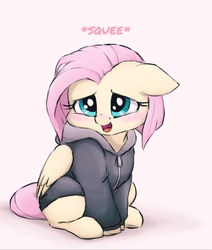 Size: 908x1071 | Tagged: safe, alternate version, artist:buttersprinkle, fluttershy, pegasus, pony, g4, alternate hairstyle, blushing, buttersprinkle is trying to murder us, clothes, cute, female, floppy ears, fluttersquee, hoodie, mare, open mouth, short hair, shyabetes, sitting, solo, squeak, squee, weapons-grade cute