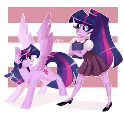 Size: 1080x1080 | Tagged: safe, artist:ariamidnighters, twilight sparkle, alicorn, unicorn, equestria girls, g4, book, clothes, cutie mark, female, high heels, looking at each other, mare, miniskirt, pleated skirt, ponytail, school uniform, schoolgirl, self ponidox, shoes, skirt, smiling, spread wings, twilight sparkle (alicorn), twolight, wings