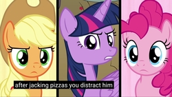 Size: 1920x1080 | Tagged: safe, edit, edited screencap, screencap, applejack, pinkie pie, twilight sparkle, alicorn, earth pony, pony, between dark and dawn, g4, caption, female, looking at you, mare, meme, say what, twilight sparkle (alicorn), youtube caption