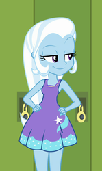 Size: 544x911 | Tagged: safe, edit, edited screencap, screencap, trixie, equestria girls, equestria girls specials, g4, my little pony equestria girls: better together, my little pony equestria girls: forgotten friendship, canterlot high, clothes, cropped, cute, diatrixes, dress, female, hallway, hand on hip, lidded eyes, lockers, raised eyebrow, smiling, smirk, smug, solo