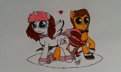 Size: 1200x716 | Tagged: safe, artist:lucas_gaxiola, oc, oc only, oc:charmed clover, oc:usagi, alicorn, pony, alicorn oc, cuffs (clothes), duo, glasses, horn, jewelry, male, necklace, stallion, traditional art