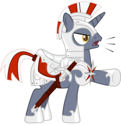 Size: 6000x6193 | Tagged: safe, artist:gray--day, oc, oc only, pony, unicorn, armor, guard, helmet, hoof shoes, horn, raised hoof, show accurate, simple background, solo, sword, transparent background, unicorn oc, weapon