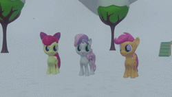 Size: 1280x720 | Tagged: safe, artist:edplus, apple bloom, scootaloo, sweetie belle, earth pony, pegasus, pony, unicorn, g4, 3d, animated, crown, cutie mark crusaders, female, holiday, ice, ice cube, jewelry, mare, regalia, snow, snowman, sound, source filmmaker, webm