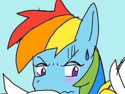Size: 508x383 | Tagged: safe, artist:omegapony16, rainbow dash, pegasus, pony, g4, banana, cropped, female, food, mare, simple background, solo, sweatdrop, wip