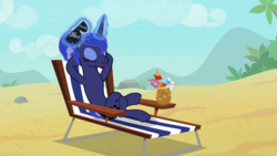 Size: 1920x1080 | Tagged: safe, screencap, princess luna, alicorn, pony, between dark and dawn, g4, alternate hairstyle, beach, beach chair, belly, chair, coconut cup, concave belly, crossed hooves, crossed legs, eyes closed, eyeshadow, female, glowing horn, hair bun, hooves behind head, horn, levitation, magic, magic aura, makeup, mare, open mouth, reclining, relaxing, satisfied, slender, solo, stupid sexy princess luna, sunglasses, telekinesis, thin, vacation, we don't normally wear clothes