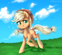 Size: 2000x1800 | Tagged: safe, artist:meotashie, applejack, earth pony, pony, g4, cloud, cute, female, jackabetes, looking at you, mare, sky, solo