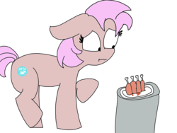 Size: 1600x1200 | Tagged: safe, artist:meme mare, oc, oc only, earth pony, pony, food, meat, nervous, peta, simple background, solo