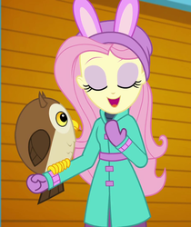 Size: 906x1080 | Tagged: safe, screencap, chad (g4), fluttershy, bird, owl, equestria girls, equestria girls specials, g4, my little pony equestria girls: better together, my little pony equestria girls: holidays unwrapped, winter break-in, clothes, coat, cropped, cute, eyes closed, female, fluttershy's winter hat, hat, mittens, open mouth, self-storage facility, shyabetes, winter coat, winter hat, winter outfit
