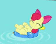 Size: 190x148 | Tagged: safe, screencap, apple bloom, earth pony, pony, g4, twilight time, adorable face, adorabloom, bow, cropped, cute, female, happy, on back, picture for breezies, pool toy, smiling, solo, swimming pool, water