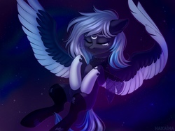 Size: 2000x1500 | Tagged: safe, artist:hakaina, oc, oc only, oc:sirius-b, pegasus, pony, belly, ear fluff, flying, night, night sky, peaceful, sky, solo, two toned wings, wings