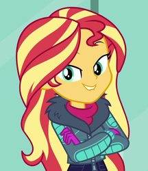Size: 882x1022 | Tagged: safe, screencap, sunset shimmer, equestria girls, equestria girls series, g4, holidays unwrapped, winter break-in, spoiler:eqg series (season 2), clothes, cropped, crossed arms, cute, female, gloves, jacket, lidded eyes, lip bite, looking at you, she knows, shimmerbetes, smiling, sweater, turtleneck, winter jacket, winter outfit