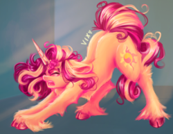 Size: 4008x3087 | Tagged: dead source, safe, artist:thewickedvix, sunset shimmer, pony, unicorn, g4, behaving like a cat, colored hooves, female, floppy ears, fluffy, mare, solo, stretching, unshorn fetlocks, yawn