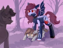 Size: 2000x1500 | Tagged: safe, artist:raily, oc, oc:adlyde, oc:peaches, bat pony, pony, clothes, defending, forest, stockings, tattoo, thigh highs