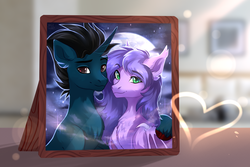 Size: 3000x2000 | Tagged: safe, alternate version, artist:magicbalance, oc, oc:midnight reverie, oc:slashing prices, bat pony, pony, unicorn, bat pony oc, bust, couple, female, heart, high res, horn, male, mare, moon, moonlight, particles, picture, picture frame, portrait, shipping, smiling, stallion, unicorn oc