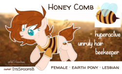 Size: 888x541 | Tagged: safe, artist:hoochuu, oc, oc only, oc:honey comb, earth pony, pony, clothes, cutie mark, female, freckles, mare, reference sheet, shirt, solo, underhoof
