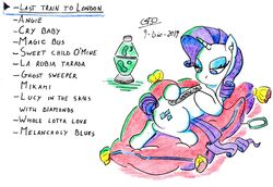 Size: 1024x703 | Tagged: safe, artist:gafelpoez, rarity, pony, g4, earbuds, electric light orchestra, ghost sweeper mikami, guns n roses, janis joplin, lava lamp, led zeppelin, music, music player, nail file, pillow, playlist, queen (band), rock (music), sumo (band), the beatles, the rolling stones, the who, traditional art
