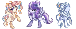 Size: 1280x489 | Tagged: safe, artist:peachesandcreamated, oc, oc only, earth pony, orbite, original species, pegasus, pony, bipedal, ear piercing, earth pony oc, eyes closed, female, flower, flower in hair, hair bun, leonine tail, looking up, mare, pegasus oc, piercing, raised hoof, simple background, smiling, starry eyes, transparent background, wingding eyes, wings