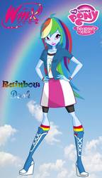 Size: 678x1179 | Tagged: safe, artist:redillita, rainbow dash, equestria girls, g4, barely eqg related, bracelet, clothes, cloud, crossover, female, jewelry, my little pony logo, rainbow, rainbow s.r.l, shoes, solo, winx club, winxified