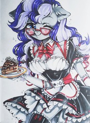 Size: 2326x3179 | Tagged: safe, artist:manekoart, oc, oc only, oc:cinnabyte, anthro, g4, adorkable, cake, chocolate cake, cinnabetes, clothes, cute, dork, dress, female, food, garter belt, glasses, high res, holding, maid, mare, meganekko, one eye closed, pigtails, plate, ribbon, smiling, socks, solo, thigh highs, traditional art, wink