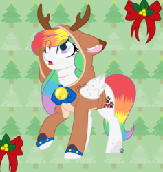 Size: 2120x2240 | Tagged: safe, artist:lazycloud, artist:rainbowpawsarts, oc, oc:rainbow paws, deer, pegasus, pony, reindeer, antlers, base used, bell, christmas, christmas tree, clothes, cute, eye clipping through hair, female, high res, holiday, hoodie, looking up, mare, multicolored hair, multicolored tail, ornament, pegasus oc, rainbow hair, rainbow tail, raised hoof, ribbon, scar, stars, tree, wing fluff