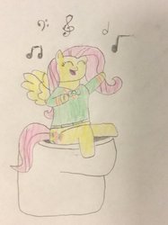 Size: 772x1034 | Tagged: safe, artist:snipiper, fluttershy, pegasus, pony, g4, but why, implied pooping, implied rarity, singing, sitting on toilet, toilet, traditional art