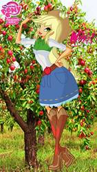 Size: 671x1191 | Tagged: safe, artist:redillita, applejack, human, equestria girls, g4, apple, apple tree, barely eqg related, beautiful, belt, belt buckle, boots, clothes, cowboy boots, cowboy hat, cowgirl, crossover, cute, denim skirt, female, green eyes, hat, high heel boots, high heels, jackabetes, lipstick, makeup, my little pony logo, rainbow s.r.l, red lipstick, shoes, skirt, solo, stetson, tree, winx club, winxified, woman, yellow hair