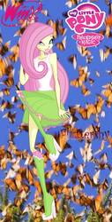 Size: 638x1253 | Tagged: safe, artist:redillita, fluttershy, butterfly, human, equestria girls, g4, barely eqg related, clothes, crossover, female, flying, my little pony logo, rainbow s.r.l, shoes, solo, winx club, winxified