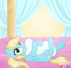 Size: 3000x2868 | Tagged: safe, artist:kim0508, oc, oc only, oc:steam cloud, pegasus, pony, bed, blushing, canopy bed, commission, cute, female, high res, hug, looking at you, lying down, mare, on back, on bed, pillow, pillow hug, solo