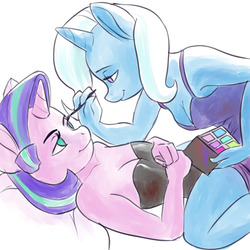 Size: 819x819 | Tagged: safe, artist:grissaecrim, starlight glimmer, trixie, unicorn, anthro, g4, bed, breasts, cleavage, clothes, dress, female, lesbian, looking at each other, lying down, makeup, makeup kit, mare, pillow, ship:startrix, shipping