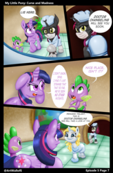 Size: 724x1103 | Tagged: safe, artist:artwallofe, spike, twilight sparkle, oc, oc:everchanging, oc:fallenlight, alicorn, pony, comic:curse and madness, g4, comic, mlpcam, nurse, twilight sparkle (alicorn)