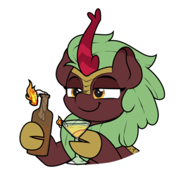 Size: 2546x2500 | Tagged: safe, artist:ljdamz1119, cinder glow, summer flare, kirin, g4, :t, bottle, bust, cloven hooves, female, fire, glass, high res, hoof hold, lidded eyes, molotov cocktail, pun, simple background, smiling, smirk, solo, this will end in death, this will end in tears, this will end in tears and/or death, visual pun, white background