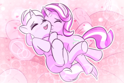 Size: 1772x1181 | Tagged: safe, artist:burgeroise, starlight glimmer, trixie, pony, unicorn, g4, blushing, dialogue, female, lesbian, mare, on side, pony pillow, ship:startrix, shipping