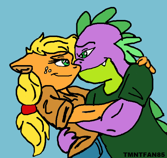 Safe Artist Tmntfan Applejack Spike Anthro Applespike